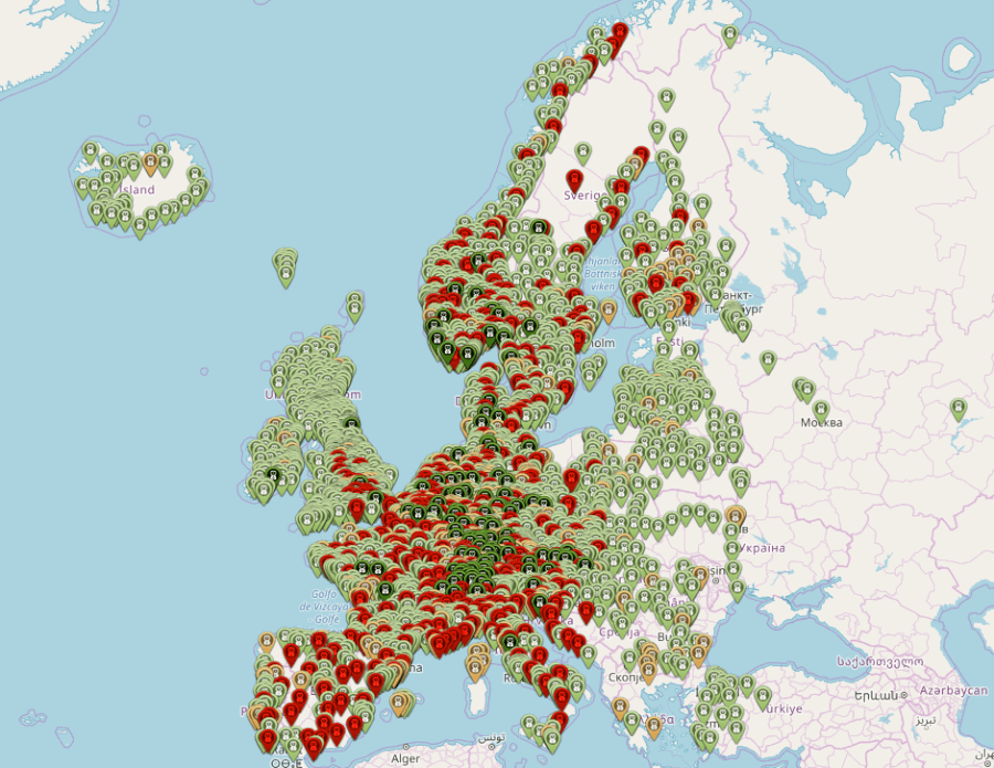 CCS uzlādes staciju Eiropas karte. Avots: ccs-map.eu