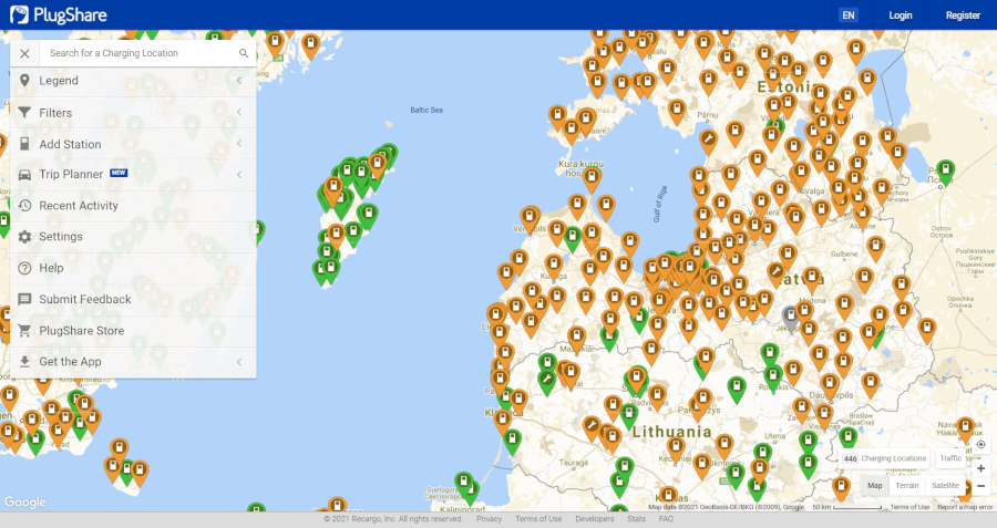 PlugShare uzrādītās uzlādes stacijas