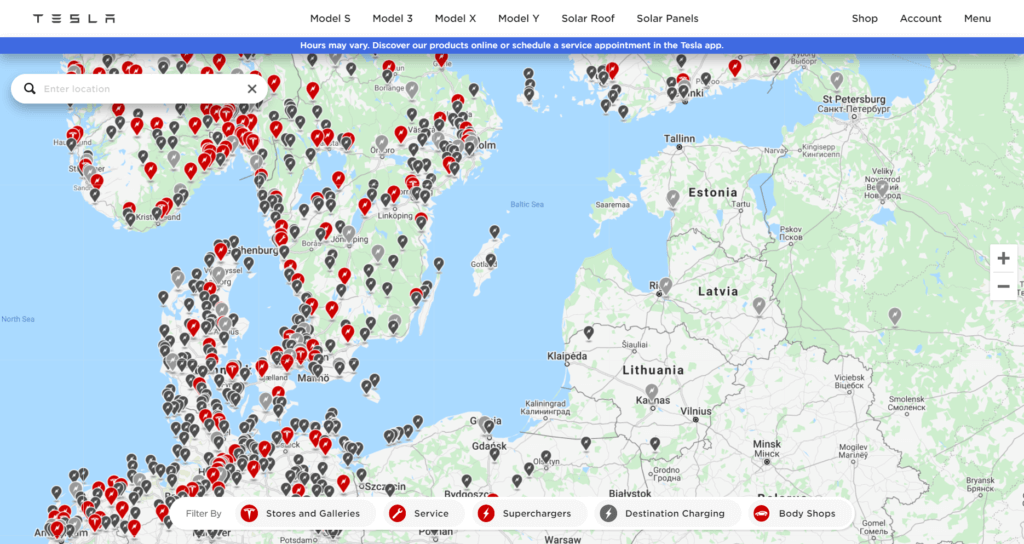 Tesla Supercharger uzlādes tīkls ap Baltiju