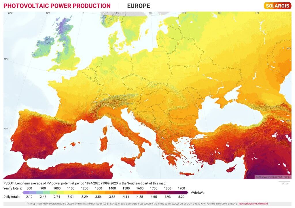 Eiropas karte ar saules paneļu ražīgumu