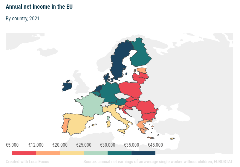Vidējais ienākums ES valstīs 2021. gadā
