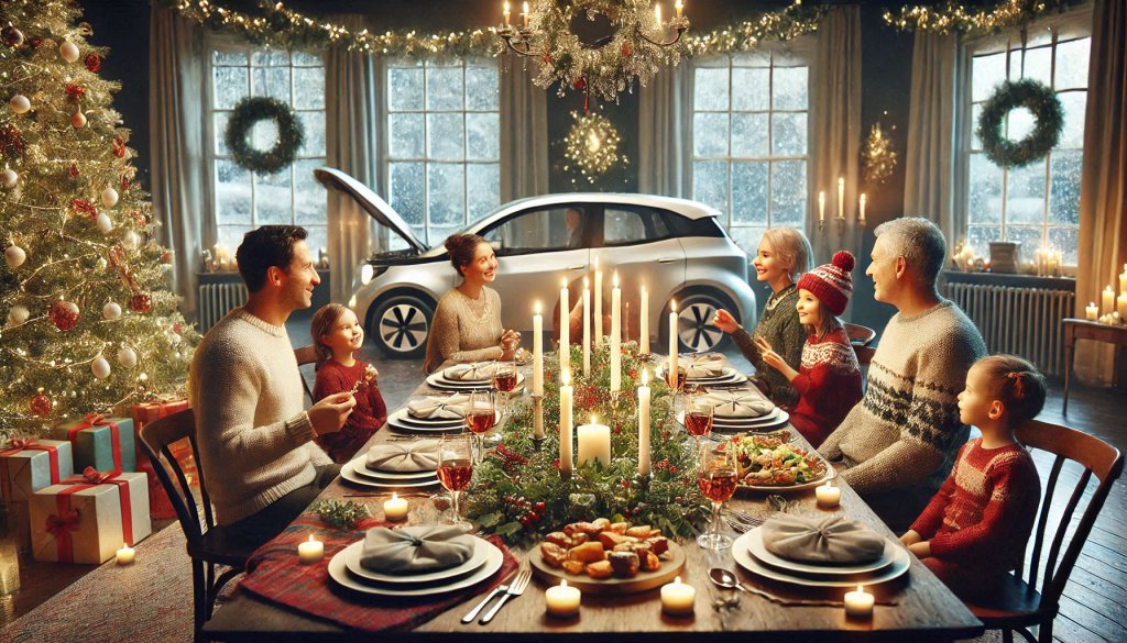 Festive family dinner where the topic is electric cars