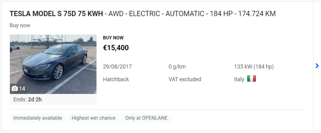 Tesla Model S piedāvājums no Openlane.eu