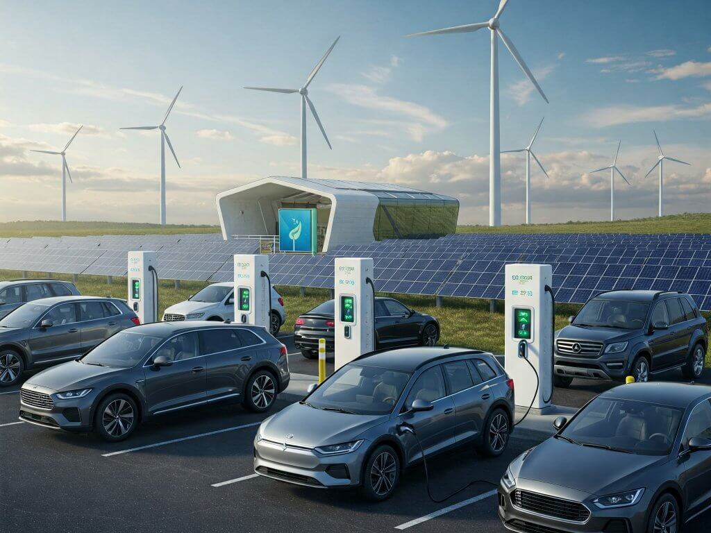 Elektroauto uzlāde pie saules un vēja parkiem