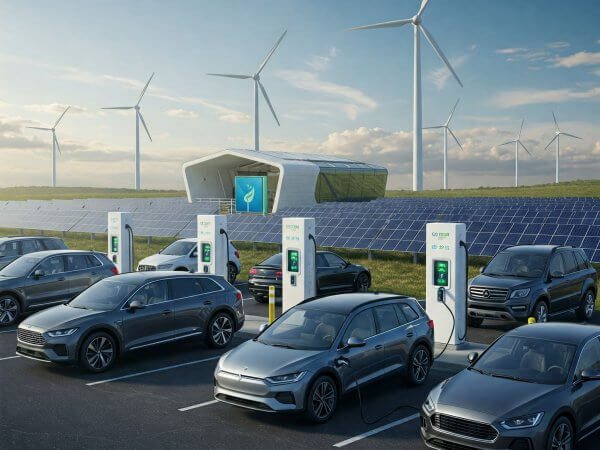 Elektroauto uzlāde pie saules un vēja parkiem