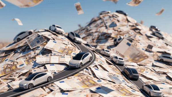 Electric cars driving over mountains of money