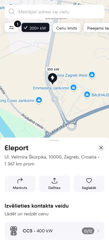 Screenshot from Plugsurfing with Eleport EV charger in Zagreb