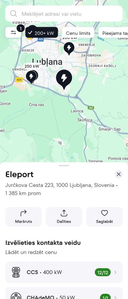 Screenshot from Plugsurfing with Eleport EV charger in Ljubljana