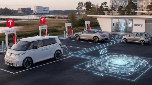 Gemini generated image about Volkswagen ID. Buzz, Tesla and Ionity chargers, and V2G
