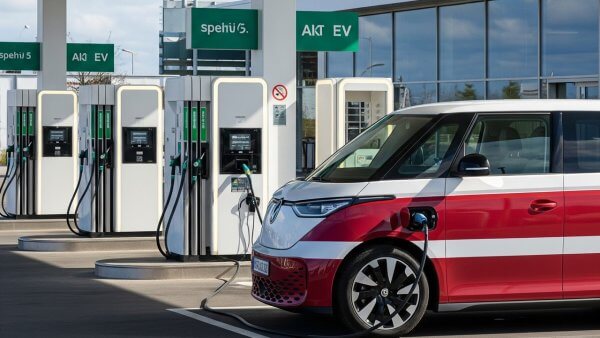 Volkswagen ID.Buzz latviskā motīvā benzīntankā, kur ir uzlāde