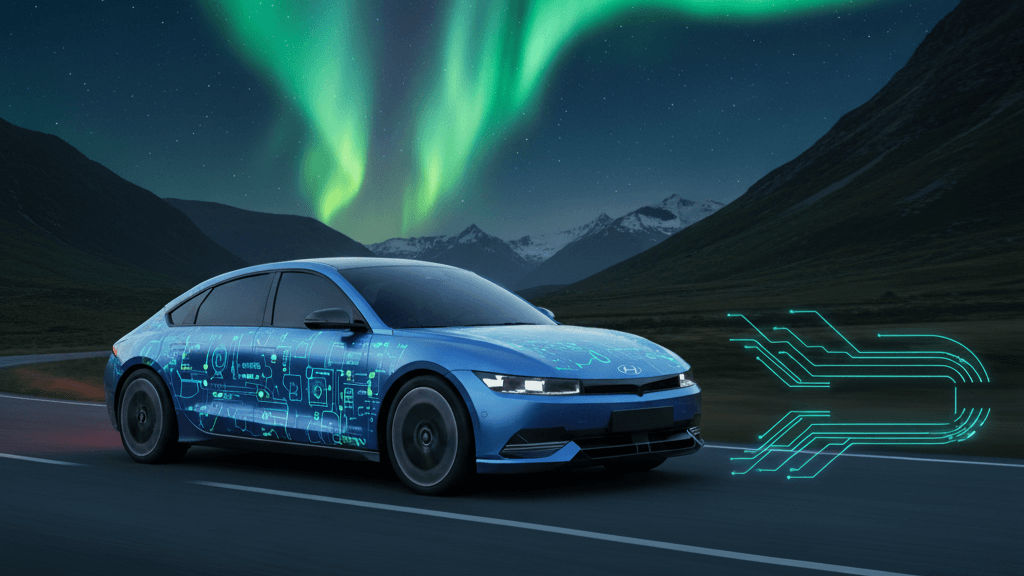AI generated image of a Hyundai Ioniq 6 inspired car under aurora