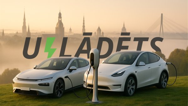 Xpeng G6 and Tesla Model Y charging with a view to Riga