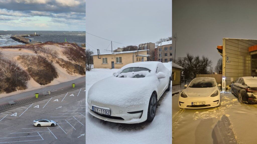 Tesla Model 3 travelling and charging in winter