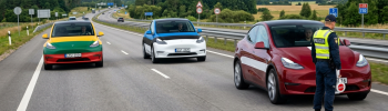 Tesla Model Y in Baltic country flags with a road police officer