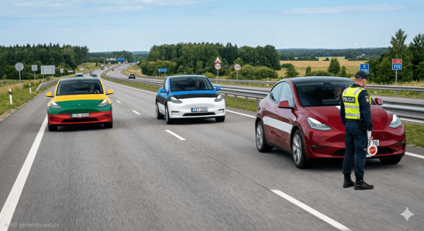 Tesla Model Y in Baltic country flags with a road police officer