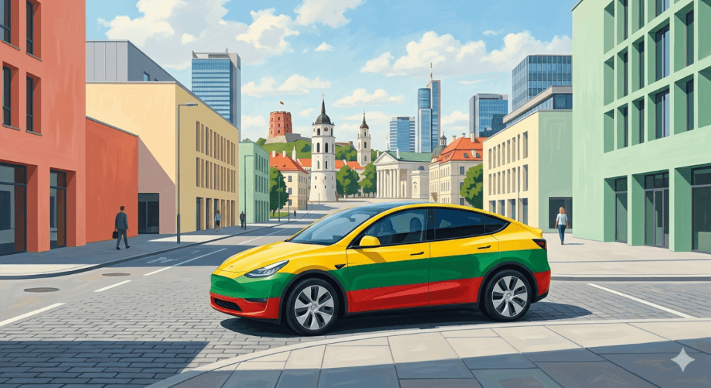 Tesla Model Y with Lithuanian theme colours