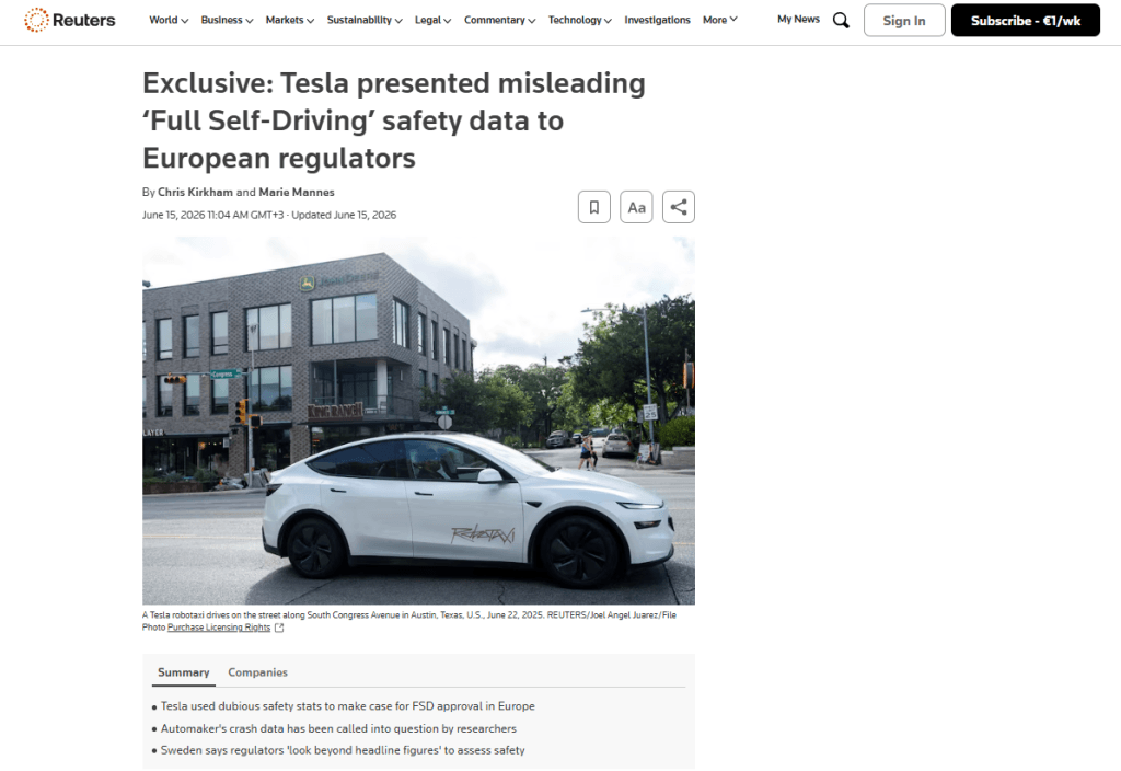 Screenshot from Reuters on Tesla FSD marketing claims